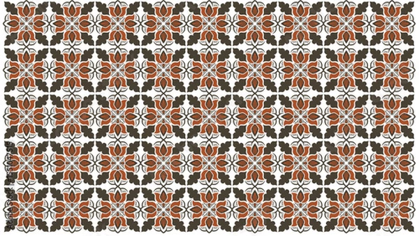 Obraz Repeating floral pattern with brown and orange flowers and dark green leaves on a white background