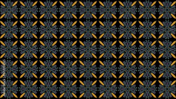 Obraz Seamless pattern with floral ornaments in gray and gold on a black background for textile design