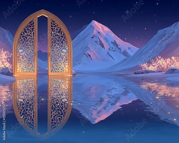 Obraz Mystical mountain gateway reflected in water