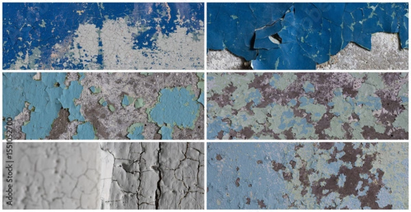 Fototapeta Set of peeling paint textures. Old concrete walls with cracked flaking paint. Weathered rough painted surfaces with patterns of cracks and peeling. Collection of panoramic backgrounds for design.