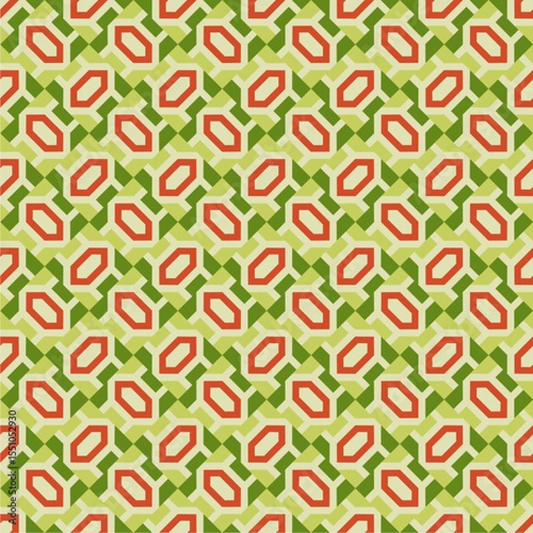 Obraz A vibrant geometric seamless pattern featuring retro octagonal shapes in red, green, and cream tones. Perfect for textile prints, wallpapers, digital backgrounds, or modern decorative design projects