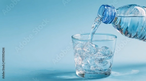 Fototapeta Cool refreshment: Crisp, clear water pours from a bottle into a glass filled with ice, offering a refreshing moment of hydration. 