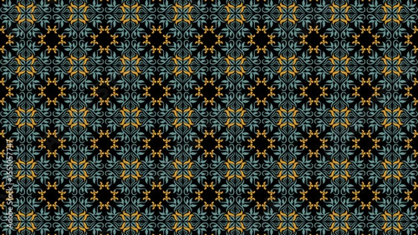 Obraz Ornate floral pattern with gold and teal accents on a black background in a repeating design style