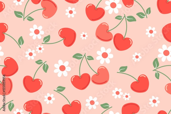 Fototapeta Summer seamless pattern with vector illustrations of fruits Hand drawn healthy food set and cherry cartoon background.	