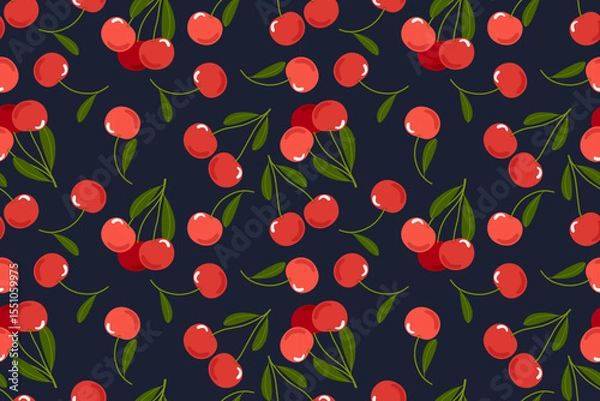 Fototapeta Summer seamless pattern with vector illustrations of fruits Hand drawn healthy food set and cherry cartoon background.	