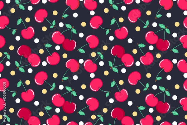 Fototapeta Summer seamless pattern with vector illustrations of fruits Hand drawn healthy food set and cherry cartoon background.	