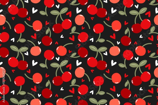 Fototapeta Summer seamless pattern with vector illustrations of fruits Hand drawn healthy food set and cherry cartoon background.	