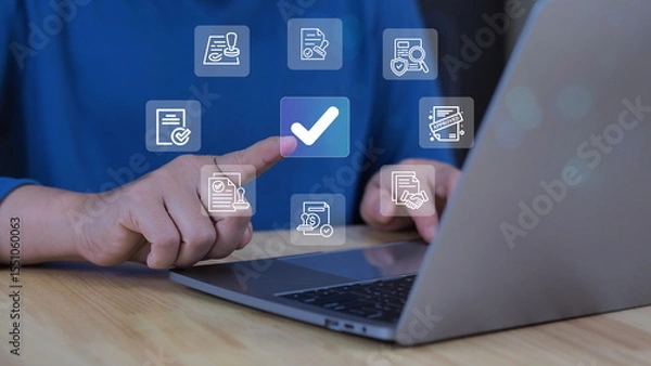Fototapeta businessman touches an approved document icon on a digital interface, representing the approval of business project proposals, quality assurance,and online evaluation in a modern business environment.