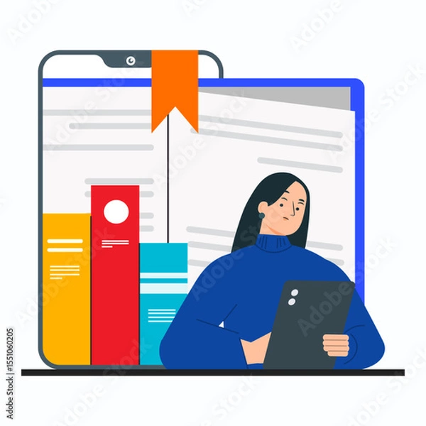 Obraz A woman student using tablet computer to reading e-book. Online education concept.