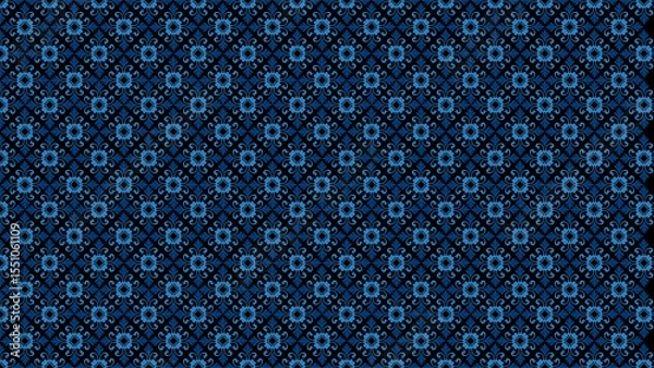 Obraz Repeating pattern of blue floral designs on a black background creating a wallpaper effect artfully