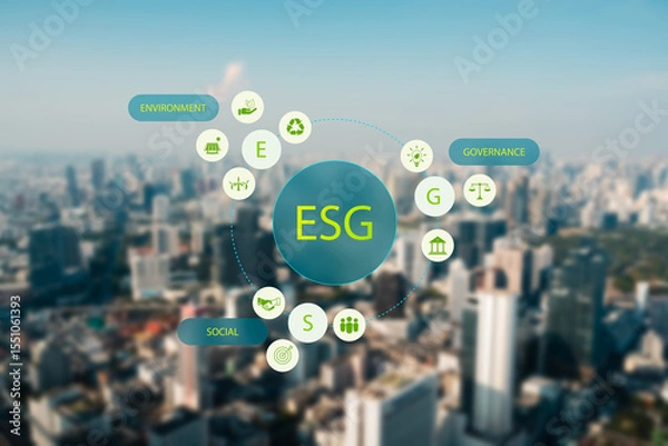 Fototapeta ESG sustainability framework,environmental, social, governance strategy represented with infographic icons over modern cityscape, promoting responsible business, ethical practices, green development.