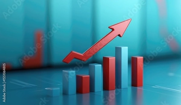 Fototapeta 3D bar graph with upward red arrow, teal background