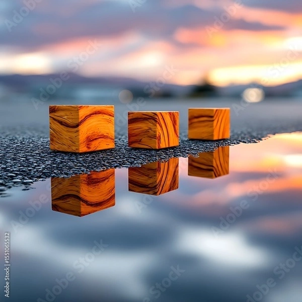 Fototapeta Three wooden cubes in a puddle, sunset reflection