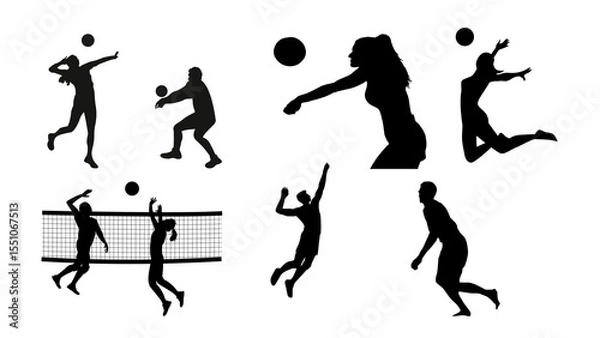 Fototapeta Vector silhouettes of people playing various  volley ball sports in action poses