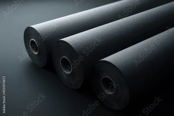 Fototapeta Three tightly-wound dark grey fabric rolls, slightly angled, rest on a matching dark surface; subtle lighting highlights texture