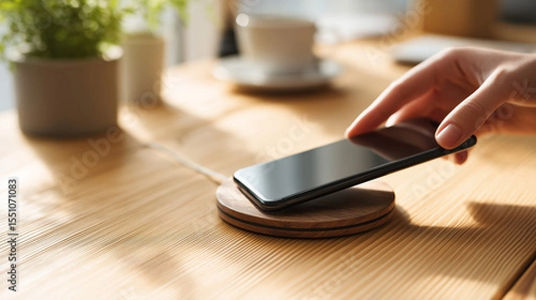 Obraz hand placing smartphone on wireless charger