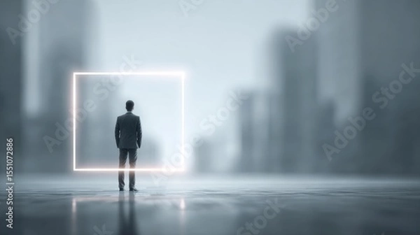 Fototapeta A lone figure stands in a futuristic urban space, contemplating choices and opportunities.