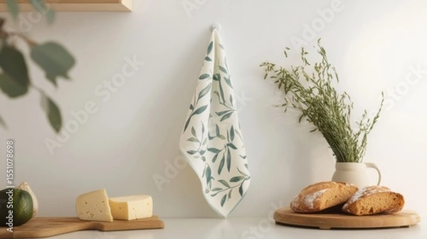 Obraz towel hanging in the kitchen on the table lies bread light background
