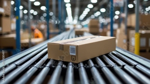 Fototapeta A cardboard box with a barcode and a label on it, sitting on a conveyor belt in a warehouse with other boxes in the background.