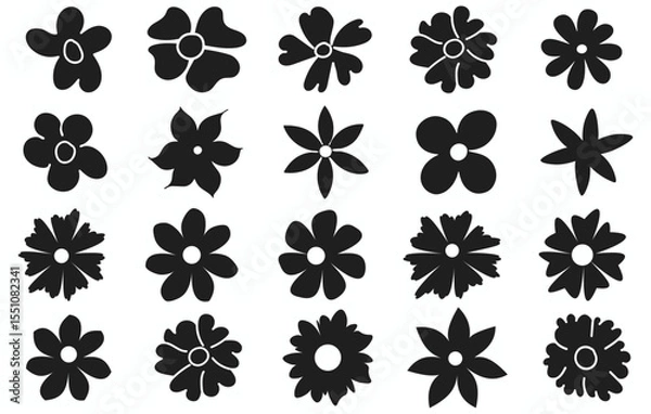 Fototapeta Collection of black daisy flower silhouette icons isolated on white background for vector design. Hand drawn decorative elements of flower shapes.