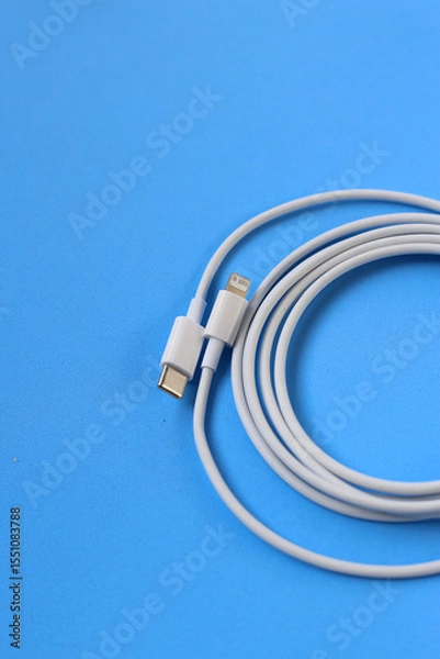 Fototapeta Cable with Type-C connector insulated, charging cable coiled on a blue background.