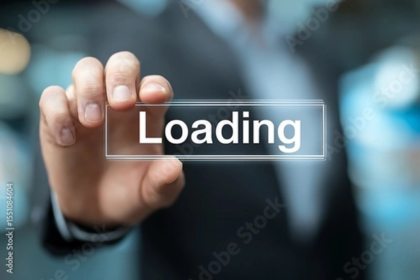 Fototapeta Vibrant photo of man's hand holding a loading bar with the text "Loading" in motion blur effect background. Digital online technology concept for business and web design or.