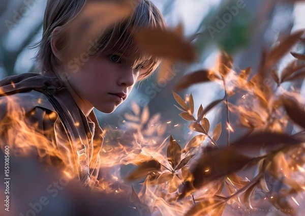 Obraz Boy in flames, surrounded by nature