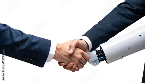 Fototapeta Close-up of engineer and android shaking hands isolated on white background. png