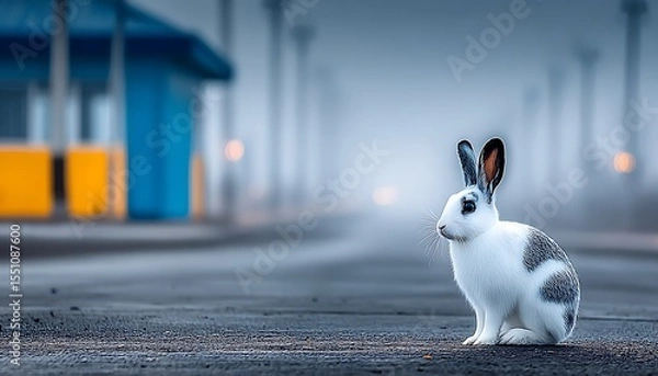 Fototapeta Rabbit on a misty road