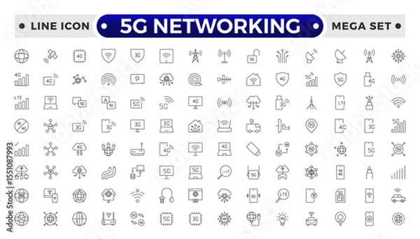 Fototapeta 5G networking icons set. Set of communication tower, satellite dish, antenna, 3G, 4G network, wifi access point, pigtail, LTE usb modem, mast, signal, sim card, internet router, optical fiber.
