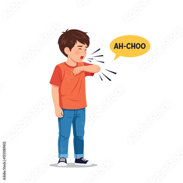 Fototapeta Sneezing Kid: A young child sneezes into his elbow, exemplifying the proper hygiene etiquette to prevent the spread of germs, in a cheerful and vibrant illustration style.