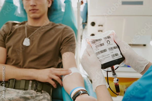 Obraz Caucasian teenage boy sitting in medical chair donating blood, while healthcare worker wearing gloves holding blood bag labeled with blood type and barcodes during donation process