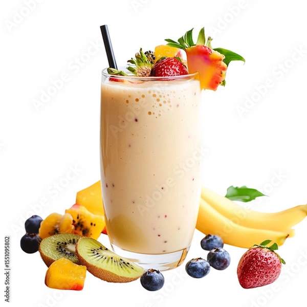 Fototapeta A glass of fruit smoothie with a straw and a strawberry garnish surrounded by fresh fruits on black on transparent background