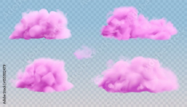 Fototapeta Purple pastel clouds vector set. Realistic pink cotton candy texture. Fluffy soft smoke, fantasy sky background