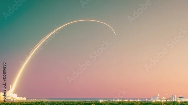 Fototapeta A rocket launch with its tail lights creating an arc in the sky at dusk. Space center test flight. Modern engineering technology in cosmic realm