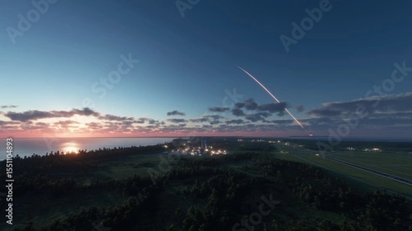 Fototapeta Spaceport. A rocket launch area. Starship is flying. Takeoff. Coastal launch pad