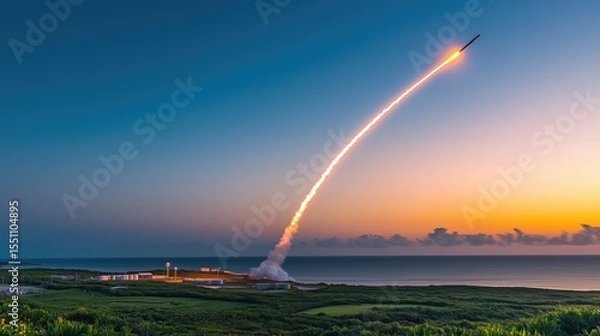 Obraz A long-exposure photograph of a launching rocket. A missile takes off from the launch pad with a trail behind. A rocket taking off from the military base for attack. Air defense