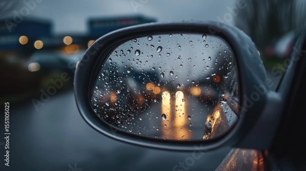 Fototapeta A car's rearview mirror showing raindrops and blurred traffic lights in the background capturing reflections on rainy days. City, urban road. Rainy weather 