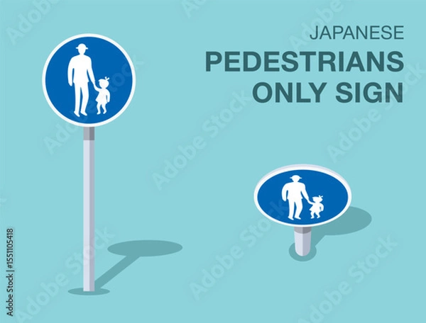 Fototapeta Traffic regulation rules. Isolated japanese "pedestrians only" road sign. Front and top view. Flat vector illustration template.