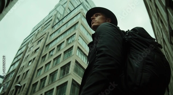 Fototapeta Side Profile Figure by Urban Architecture: Spy Atmosphere with Coat & Backpack for Espionage Films & City Suspense Creations