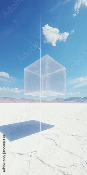 Fototapeta Transparent cube hovering over a vast, white, flat landscape under a clear blue sky