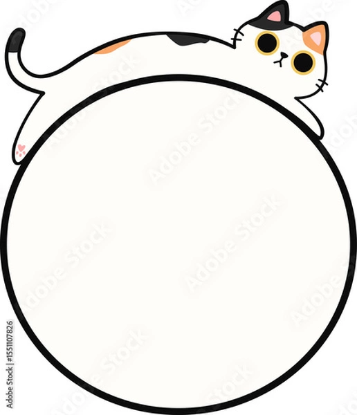 Obraz Cute Calico Cat Lying Down on Round Frame Illustration for Adding Text or Branding