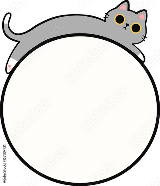 Obraz Cute Gray Cat Lying Down on Round Frame Illustration for Adding Text or Branding