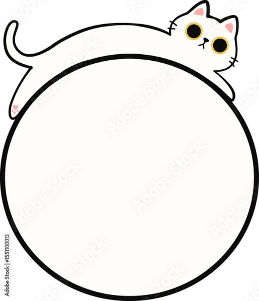 Obraz Cute White Cat Lying Down on Round Frame Illustration for Adding Text or Branding