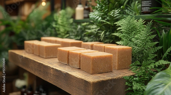 Fototapeta handmade brown soap bars neatly arranged on rustic wooden tray with fresh greenery, natural skincare and eco-friendly beauty concept