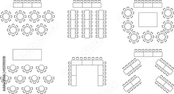 Fototapeta Seat plan icon set, House, restaurant, seminar, school, conference room, shop, top view, chair and table, architectural plan with blueprint, customizable stroke, vector, illustration
