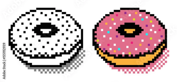 Fototapeta Donut pixel 3d isometric black white and color vector style for decoration, pattern, menu