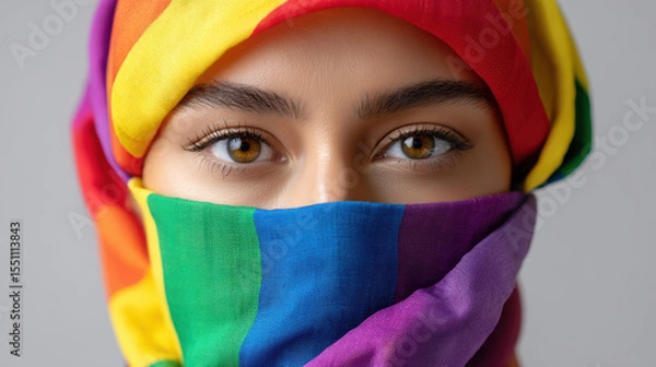 Obraz Confident young muslim woman proudly shows her identity wearing rainbow headscarf powerful symbol of lgbt pride. Her direct gaze conveys strength diversity and inclusion