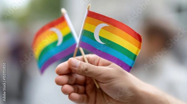 Obraz Hand shows support holding small flags symbol of lgbt and muslim identity. powerful gesture of unity and acceptance expresses pride during an outdoor community gathering