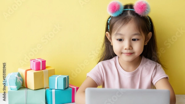 Fototapeta Happy Asian girl enjoys online shopping for trendy gift using laptop preparing for checkout with smile feeling joy